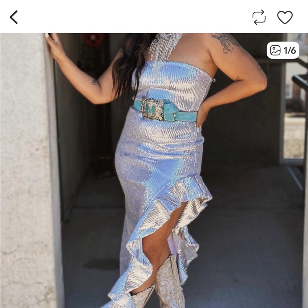 Holographic Silver Sequin Strapless Ruffle Midi Dress